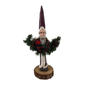 Resin Carved Santa Claus on Wood Stump Base Tall Hat Rustic Handmade 13" READ